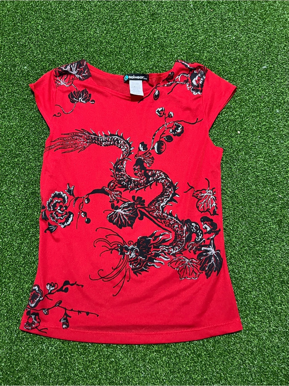 Vtg Y2K Coolwear USA Dragon Glitter Micro Mesh Top M